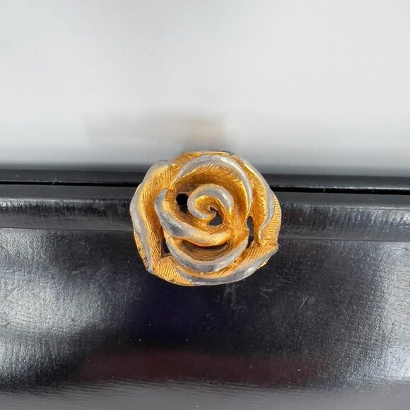 Vintage Bag by Dorian Black Clutch Purse with Gold Rose Clasp & Satin Lining
